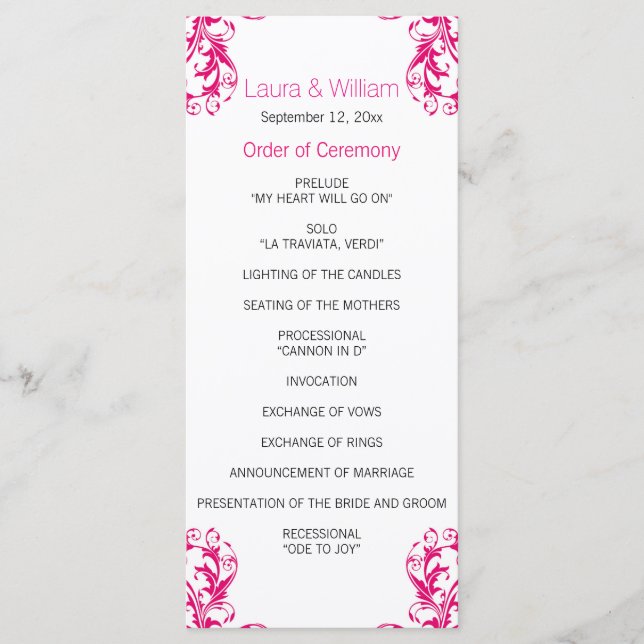 Programa de Casamento tema damasco Rosa Fuchsia (Frente)