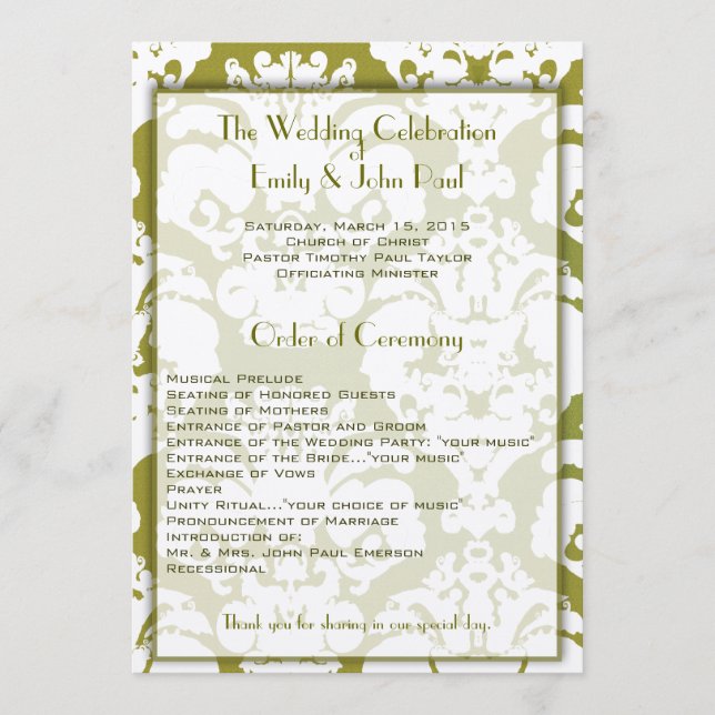 Programa de Casamento tema damasco Verde (Frente)