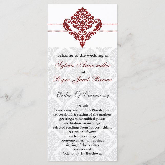 programa de casamento tema damasco vermelho (Frente)