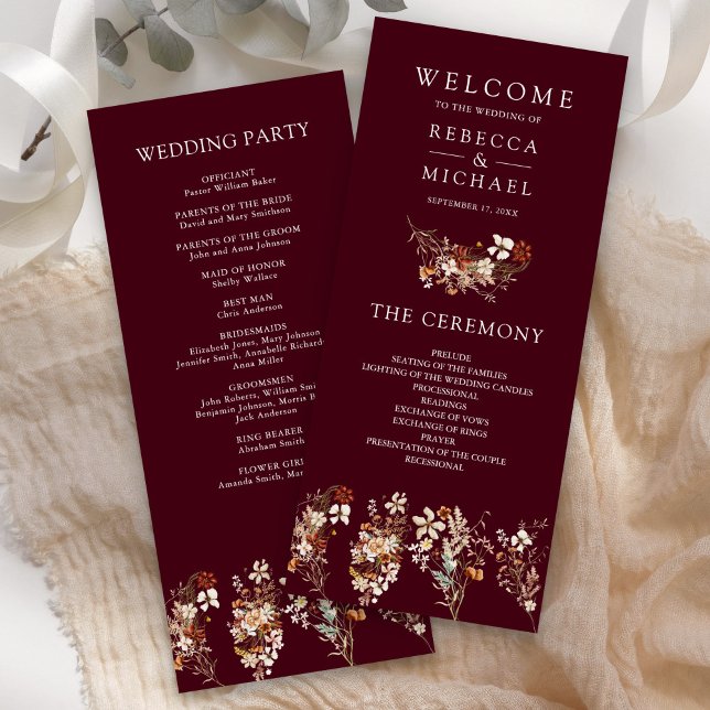 Programa de Casamento Terracota Burgundy Flor Silv (Criador carregado)