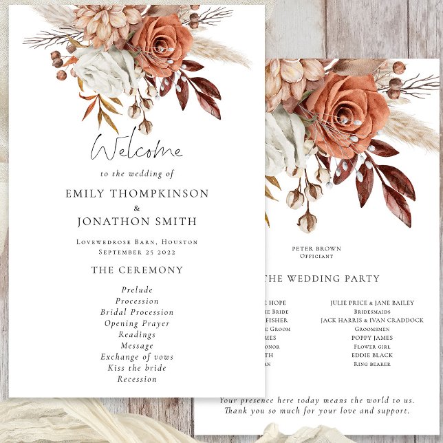 Programa de Casamento Terracotta Florals (Front and Back View)