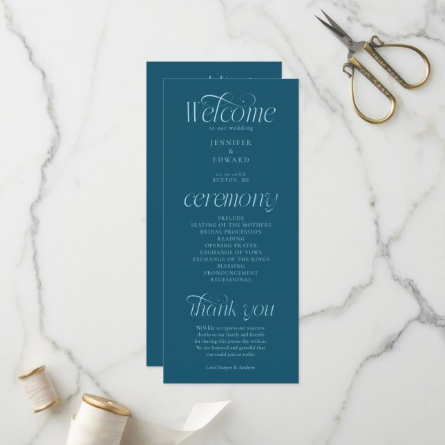 Programa de Casamento Tipografia Moderna Verde Águ (Frente/Verso In Situ)