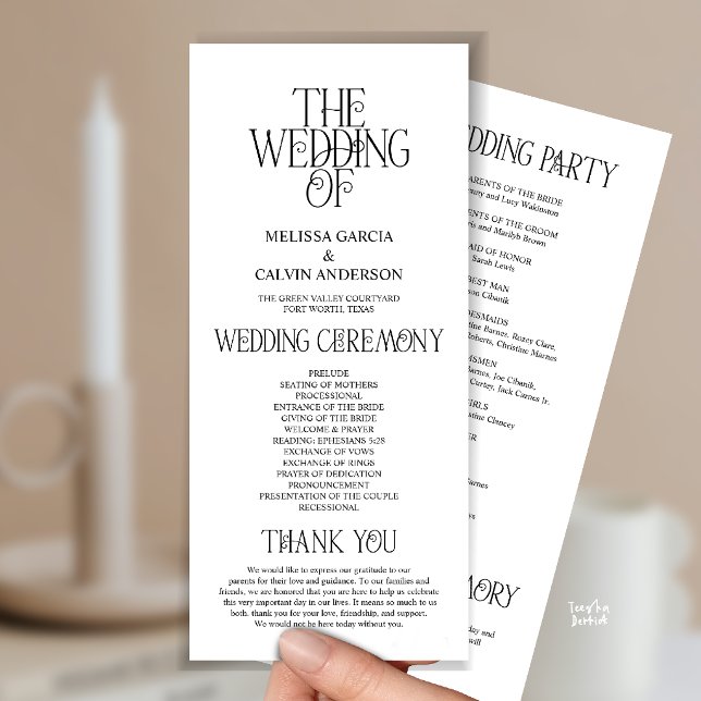 Programa de Casamento Tipografia Preta e Branca El (Elegant Black and White Typography Modern Romantic Wedding Program Card)