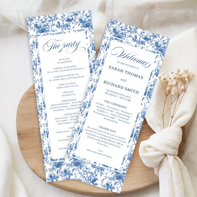 Programa de Casamento Toile de Rosas Azuis Frances (Classic French Blue Roses Toile Wedding Program)