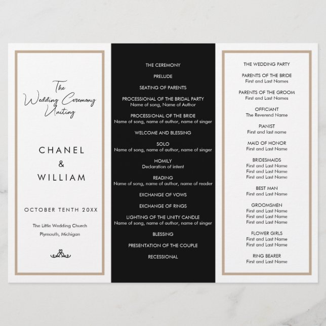 Programa de casamento Tri-Fold inspirado na Chanel (Frente)