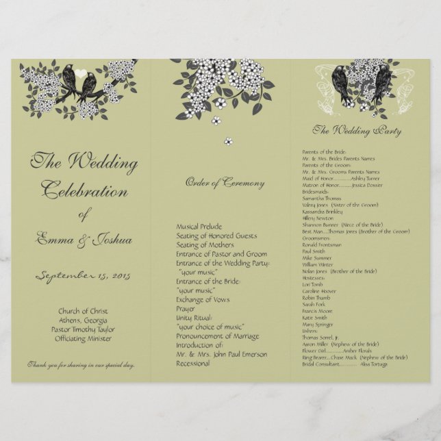 Programa de Casamento TriFold DIY Vintage Birds Br (Frente)