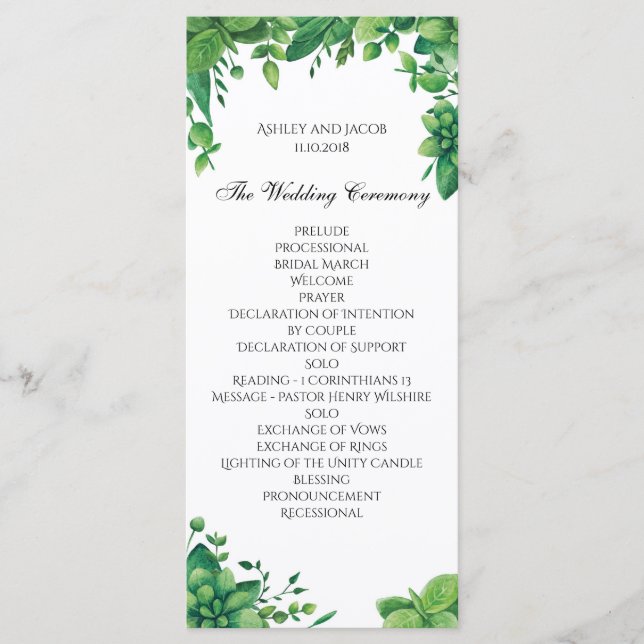 Programa de casamento verde. Cartão de cerimônia d (Frente)