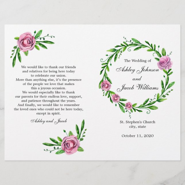 Programa de casamento verde. Cerimônia de verão na (Frente)