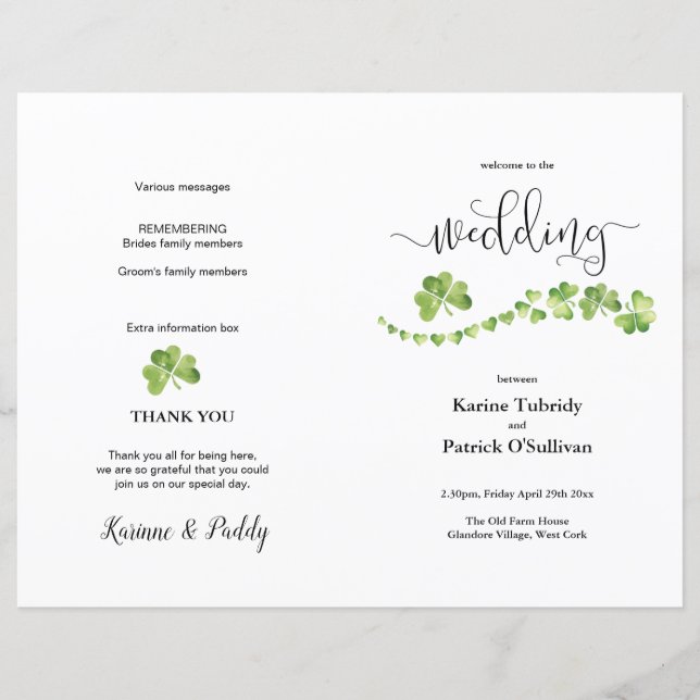 Programa de casamento verde do trevo irlandês (Frente)