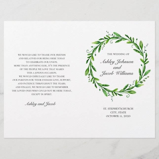 Programa de casamento verde dobrado. Botânica aqua (Frente)