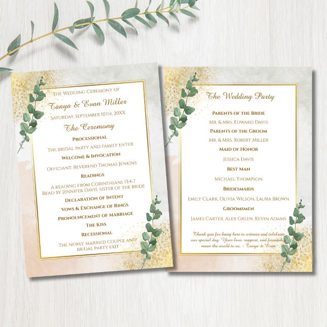 Programa de Casamento Verde e Dourado Elegante (Elegant Green & Gold Wedding Program)
