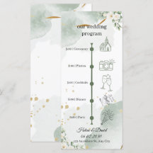 Programa de casamento Verde e Dourado Floral Elega