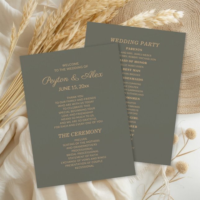 Programa de Casamento Verde Escuro Salvia Festa de (Olive/sage green 2-sided wedding program including the wedding party.)