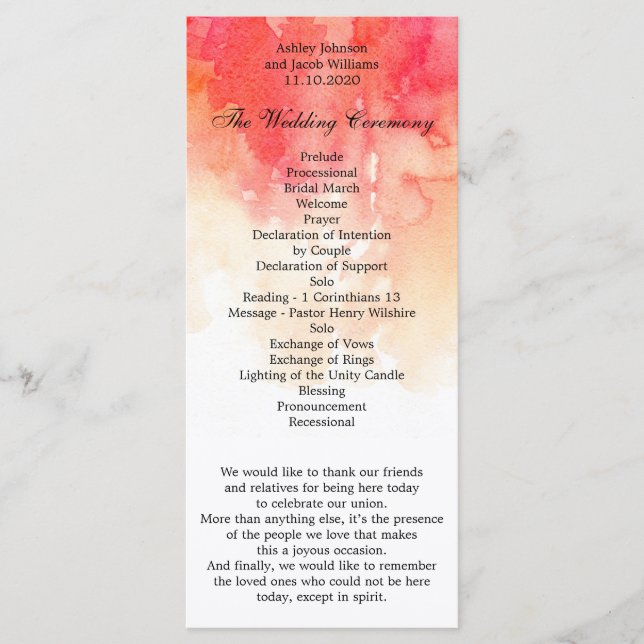 Programa de casamento vermelho aquarela. Cerimônia (Frente)