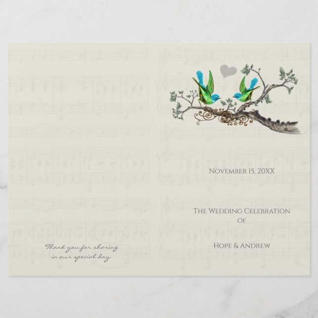 Programa de Casamento Vintage Birds Azul e Verde (Frente)