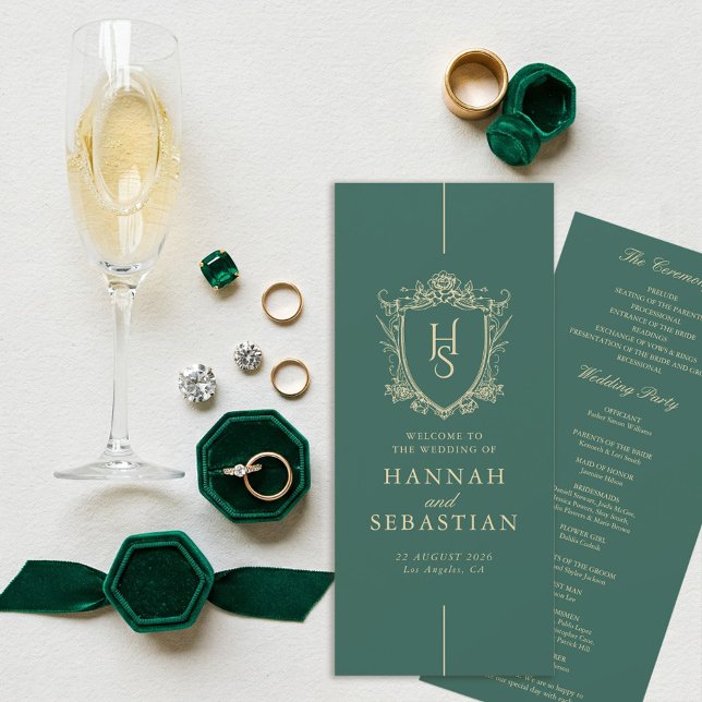 Programa de Casamento Vintage Brasão Antigo Verde (Green Vintage  Old Money Wedding Program)