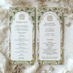 Programa de casamento vintage Ivory, Verde e Doura<br><div class="desc">Este elegante programa de casamento captura a beleza eterno de Art Nouveau com seu detalhamento floral luxuoso. Apresentando uma intrincada borda de ouro e flores brancas com folhas verdes e peludas, o design enquadra os detalhes do programa de forma sofisticada e graciosa. A frente mostra a cronologia da cerimônia de...</div>