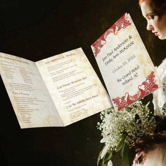 Programa de Casamento Vintage Paisley Pavão Vermel (Criador carregado)
