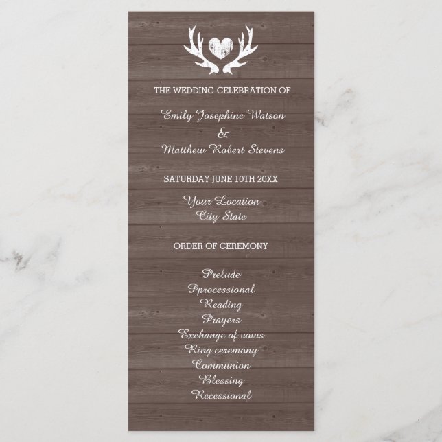 Programa de casamento Vintage wood grain antler (Frente)