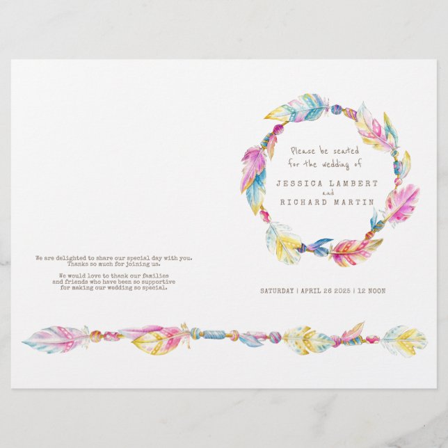 Programa de casamento Watercolor boho feather Wrea (Frente)