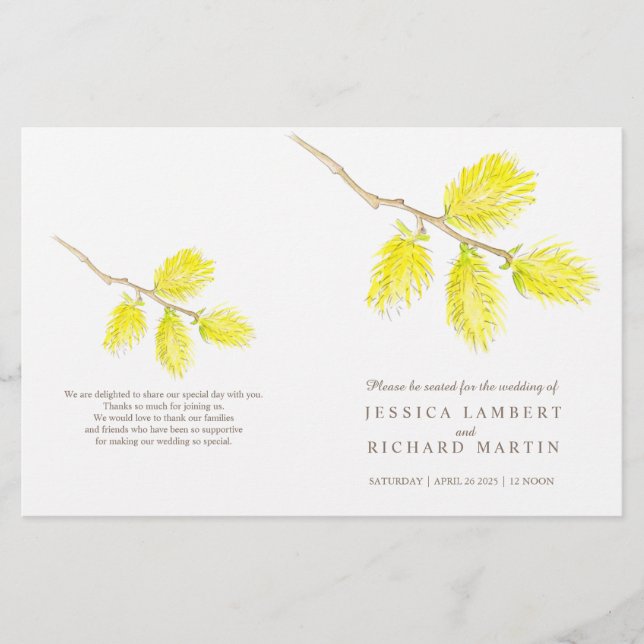 Programa de casamento Watercolor yellow catkins (Frente)