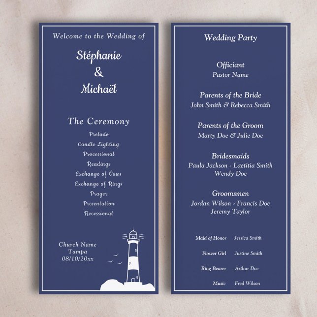 Programa de Cerimônia de Casamento Azul com Marinh (Lighthouse Navy Blue Wedding Ceremony Program)