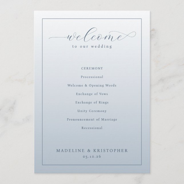 Programa de Cerimônia de Casamento Azul Elegante (Frente)