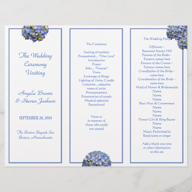Programa de Cerimônia de Casamento Azul Tri-Dobrad (Frente)