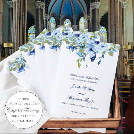 Programa de Cerimônia de Casamento Católico Azul c