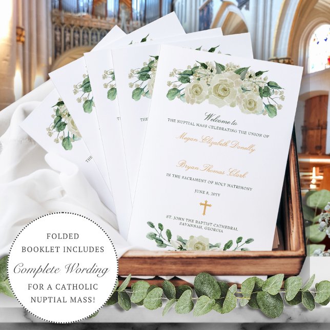 Programa de Cerimônia de Casamento Católico Megan  (White floral Catholic wedding program with gold cross and calligraphy script)