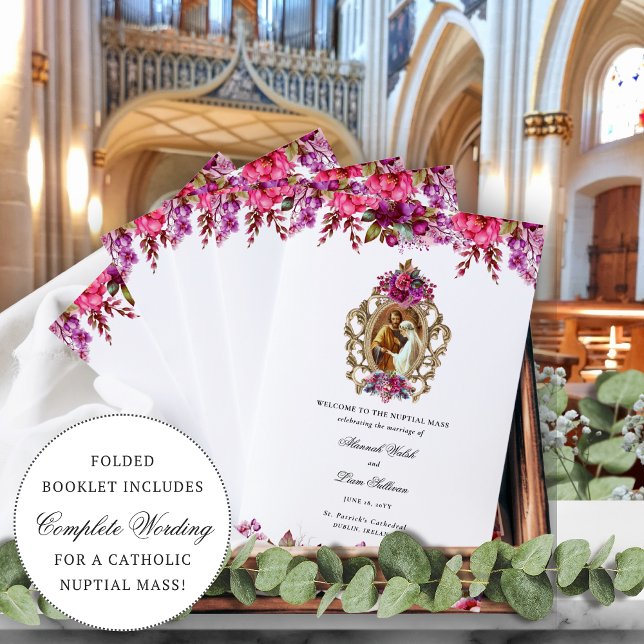 Programa de Cerimônia de Casamento Católico Rosa, (Magenta pink, folded Catholic wedding program with marriage of the Virgin Mary and St. Joseph.)