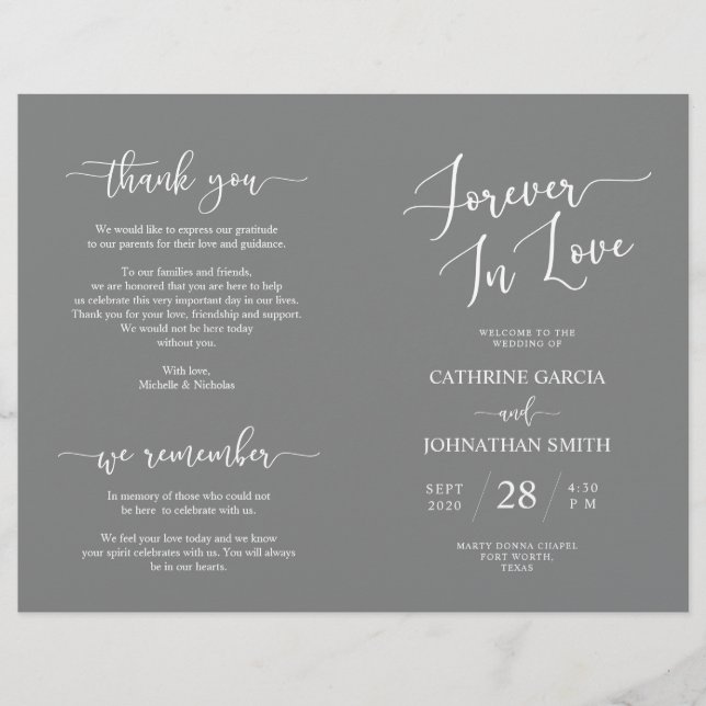 Programa de Cerimônia de Casamento, Cinza Elegante (Frente)