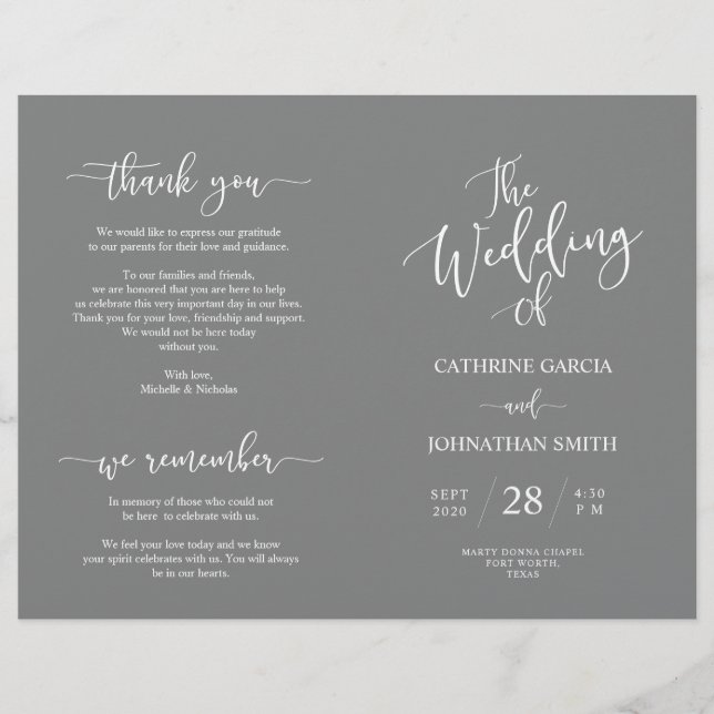 Programa de Cerimônia de Casamento, Cinza Elegante (Frente)