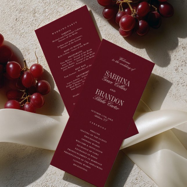 Programa de Cerimônia de Casamento Clássico Modern (Modern Classic Burgundy Wedding Ceremony Program)