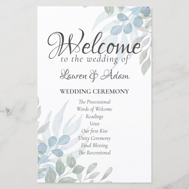 Programa de Cerimônia de Casamento com Aquarela Ve (Frente)