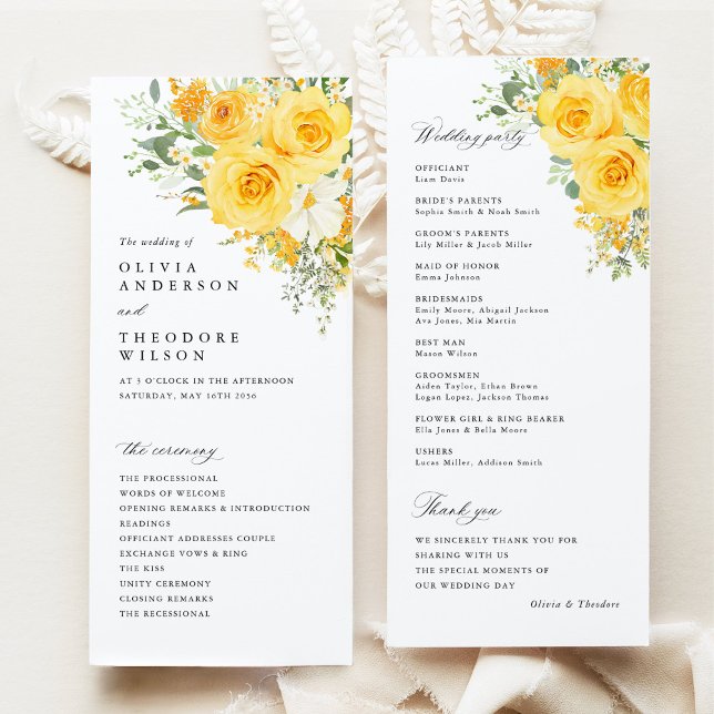 Programa de Cerimônia de Casamento com Rosa Floral (Yellow rose floral wedding program card, watercolor garden, elegant wedding ceremony program)
