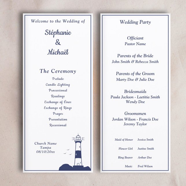 Programa de Cerimônia de Casamento de Faróis (Lighthouse Wedding Ceremony Program)