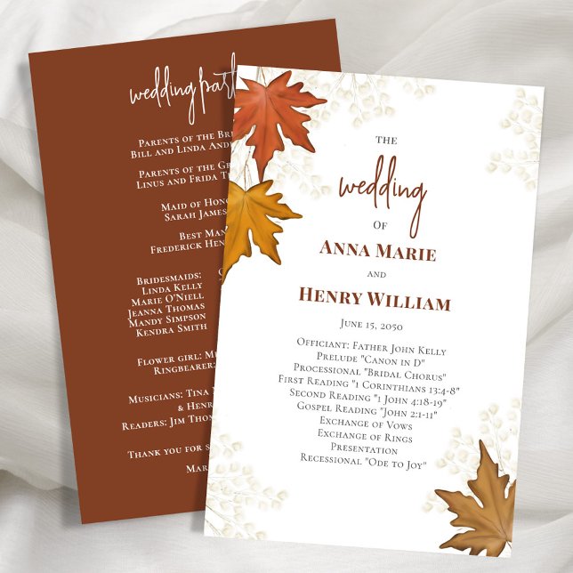 Programa de Cerimônia de Casamento de Folhas (Fall leaves autumn watercolor wedding ceremony program.)