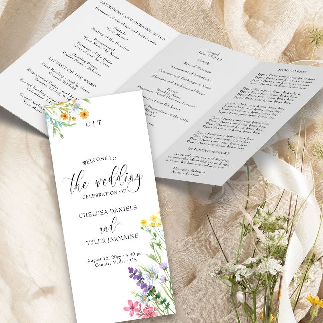 Programa de Cerimônia de Casamento de Prados de Fl (Church Wedding Ceremony Program from the Wildflower Meadow Wedding Collection by Darling & May)