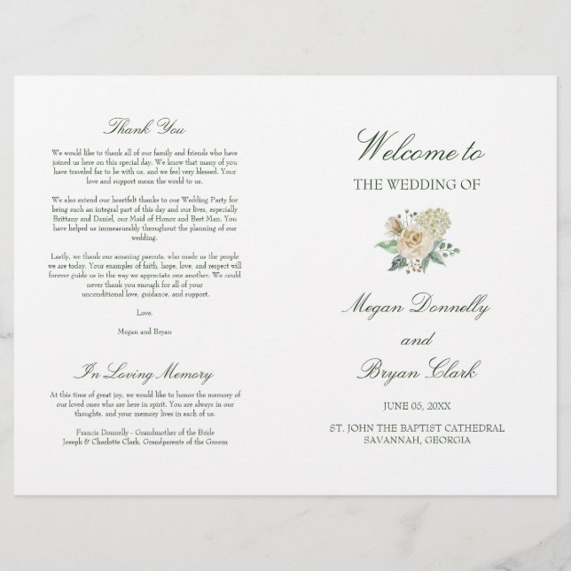 Programa de Cerimônia de Casamento Dobrado Megan C (Frente)