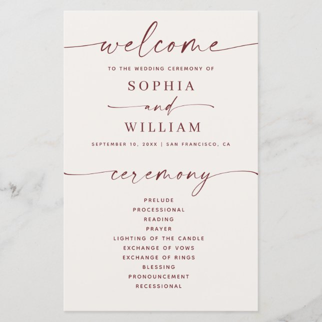Programa de Cerimônia de Casamento Elegante e Sofi (Frente)