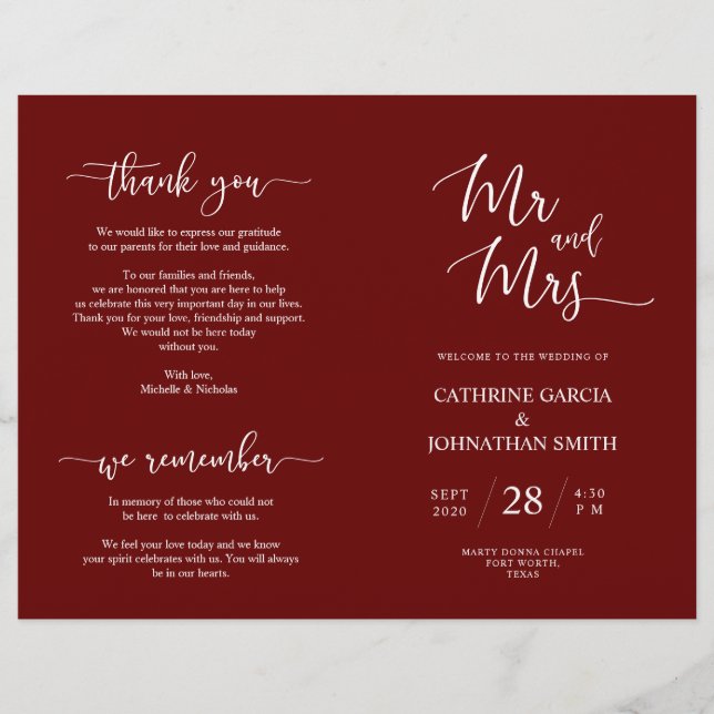 Programa de Cerimônia de Casamento, Elegante Scrip (Frente)