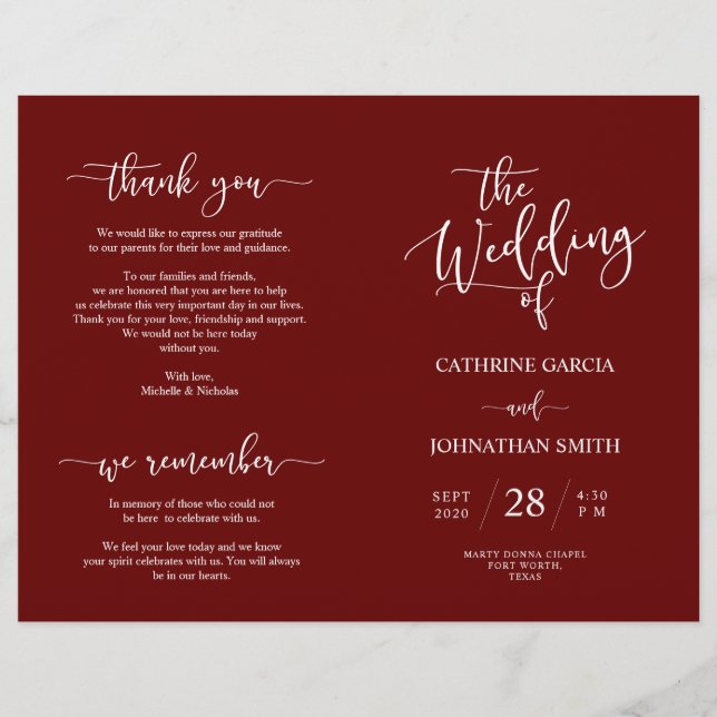 Programa de Cerimônia de Casamento, Elegante Scrip (Frente)