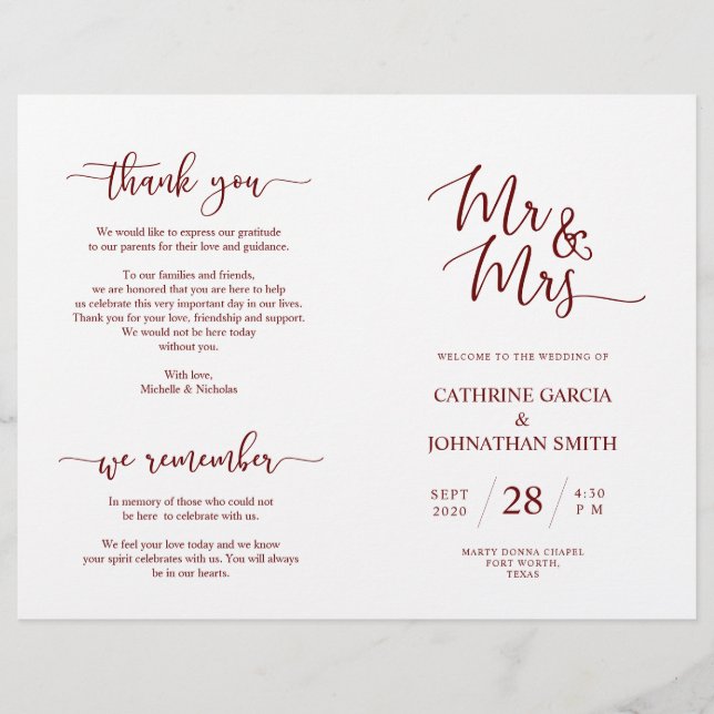 Programa de Cerimônia de Casamento, Elegante Scrip (Frente)