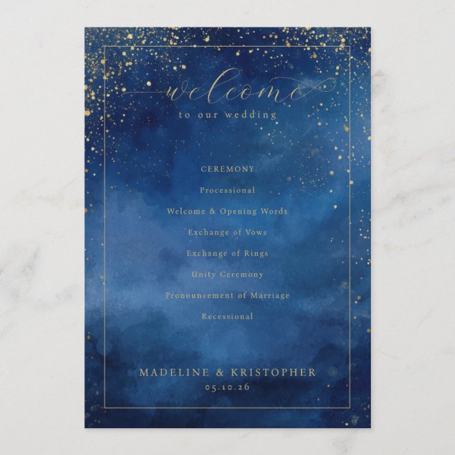 Programa de Cerimônia de Casamento em Aquarela Azu (Frente)