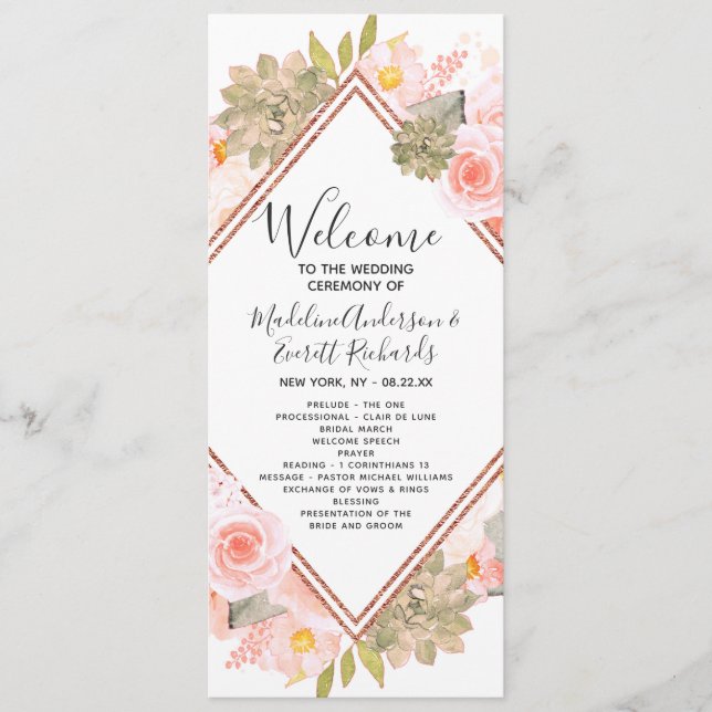 Programa de Cerimônia de Casamento em Rosa Dourado (Frente)