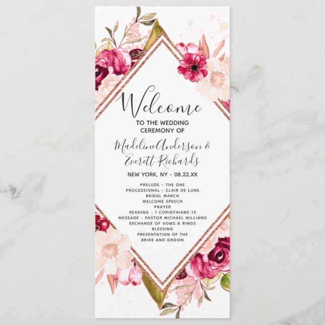 Programa de Cerimônia de Casamento em Rosa Dourado (Frente)