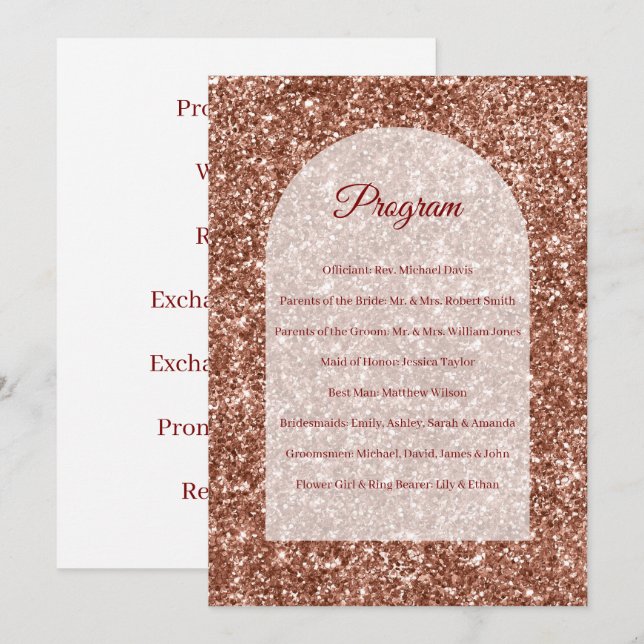 Programa de Cerimônia de Casamento em Rose Gold co (Frente/Verso)