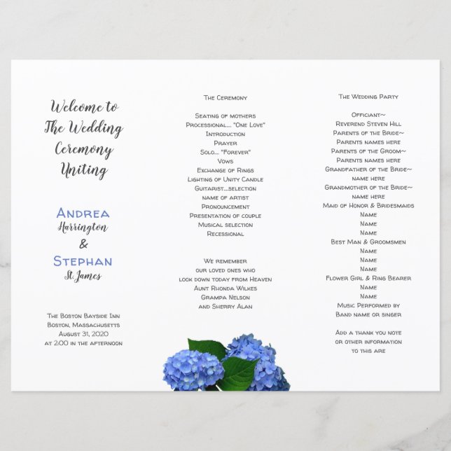 Programa de Cerimônia de Casamento Floral Azul Dob (Frente)