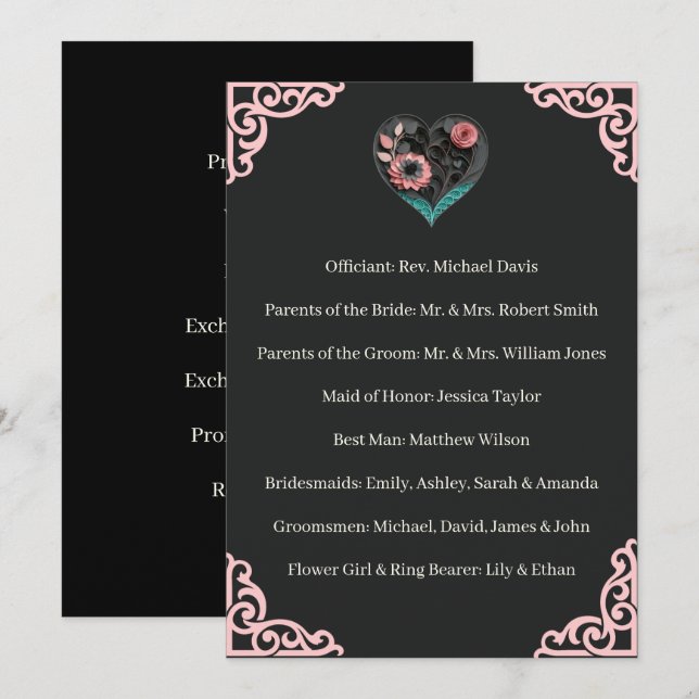 Programa de Cerimônia de Casamento Floral Coração  (Frente/Verso)